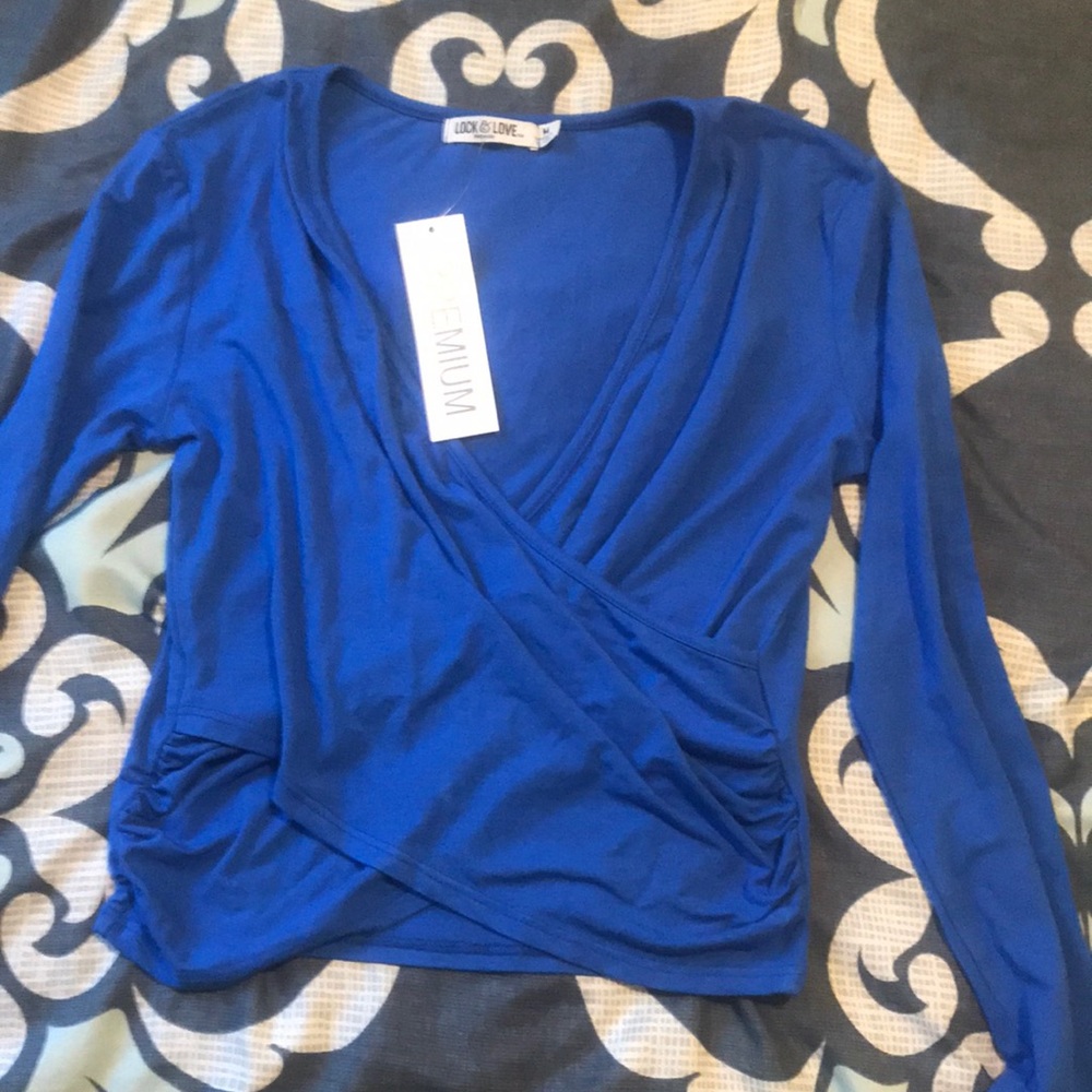 Blue long sleeve wrap blouse
